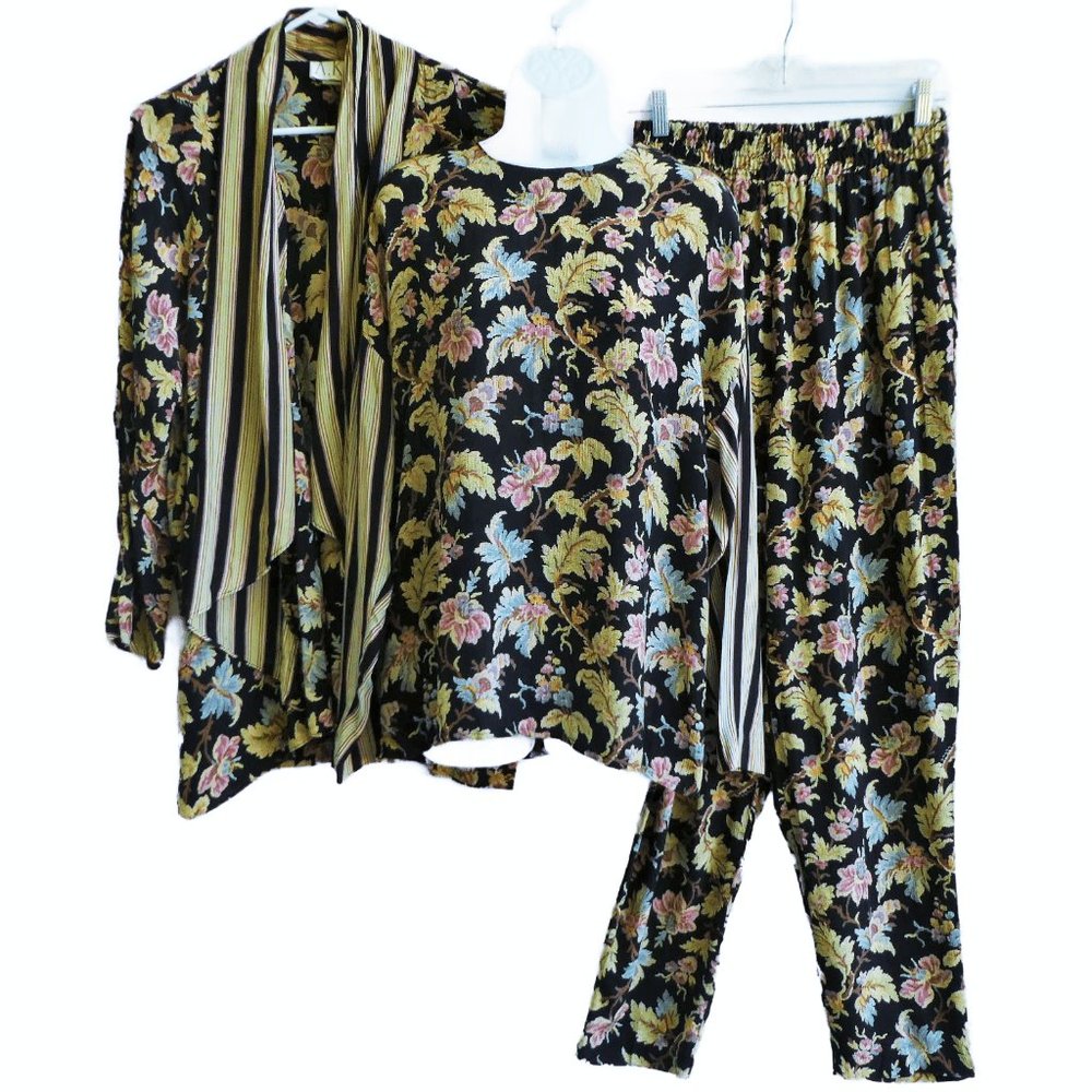 Vintage 3pc Pant Suit Set Fall Leaf Design Pockets Striped Waterfall Jacket